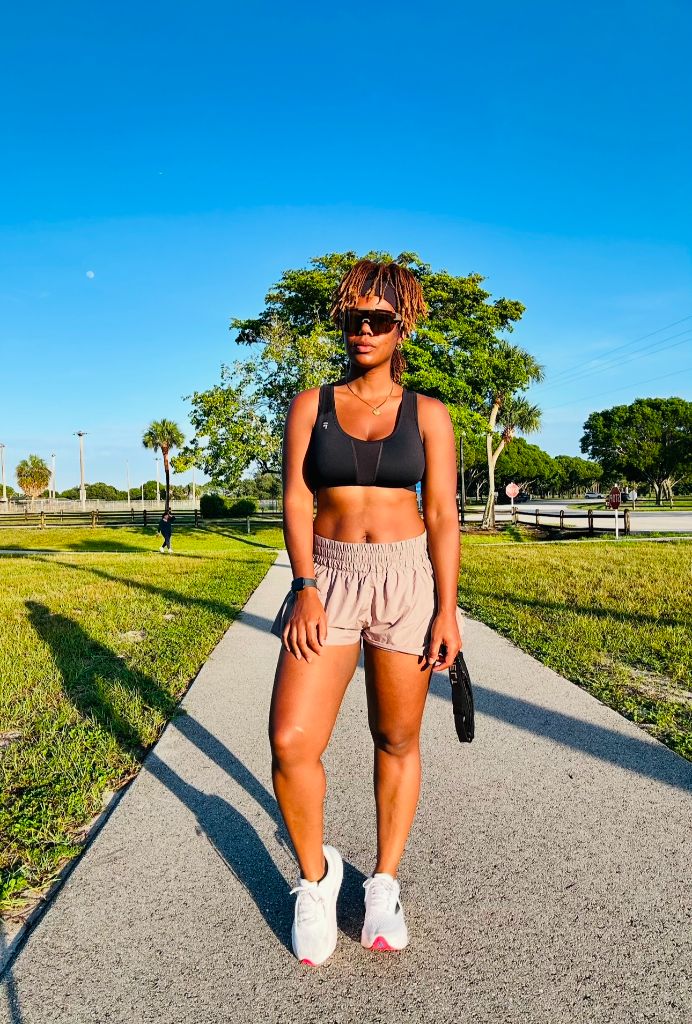 Pretty Fit Lifestyle Club founder on a park path